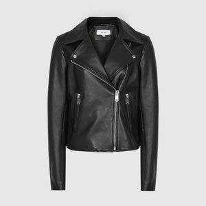 REISS Gia Leather Biker Jacket Black
